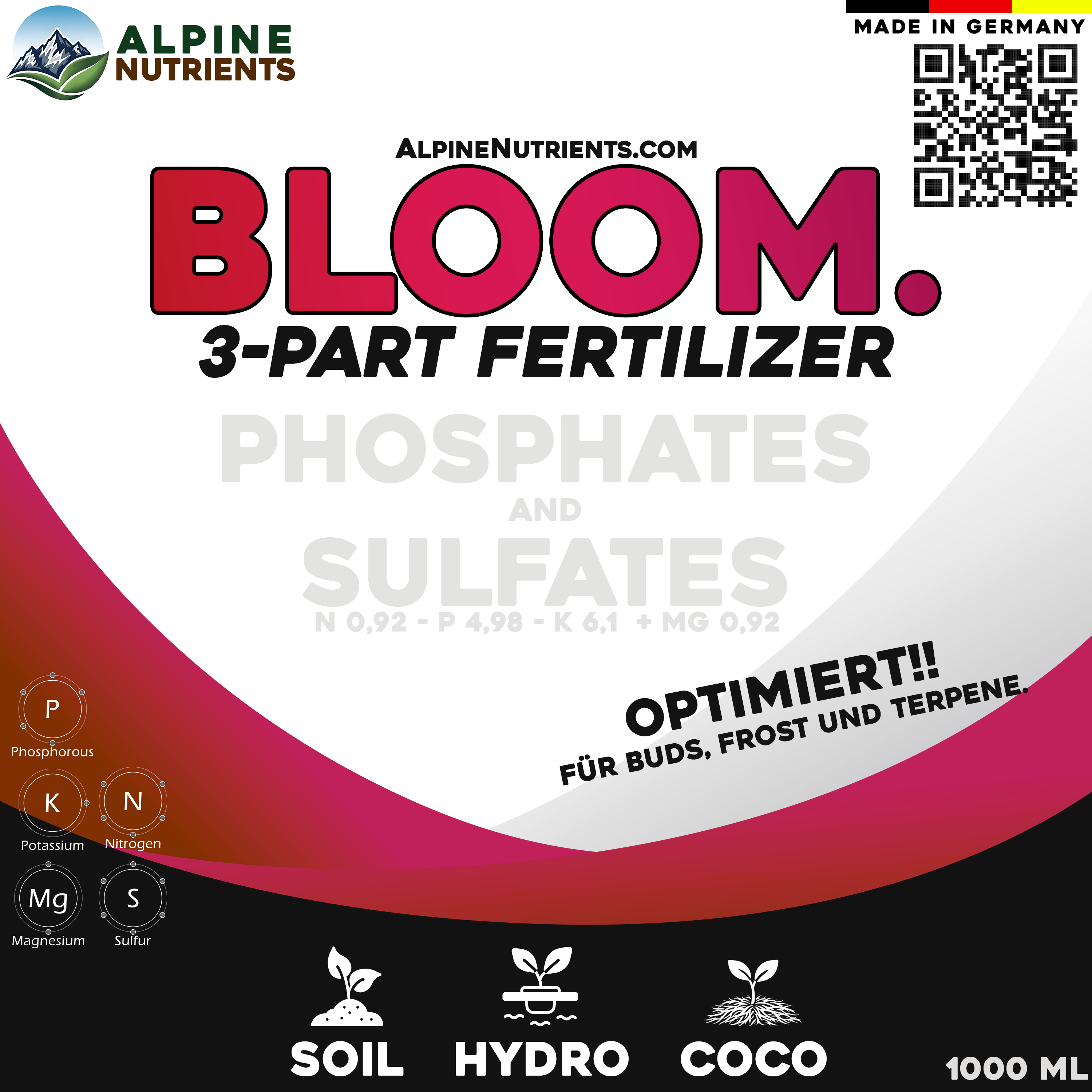 3-Part Bloom Etikett – Phosphor & Kalium Nährstoffangaben