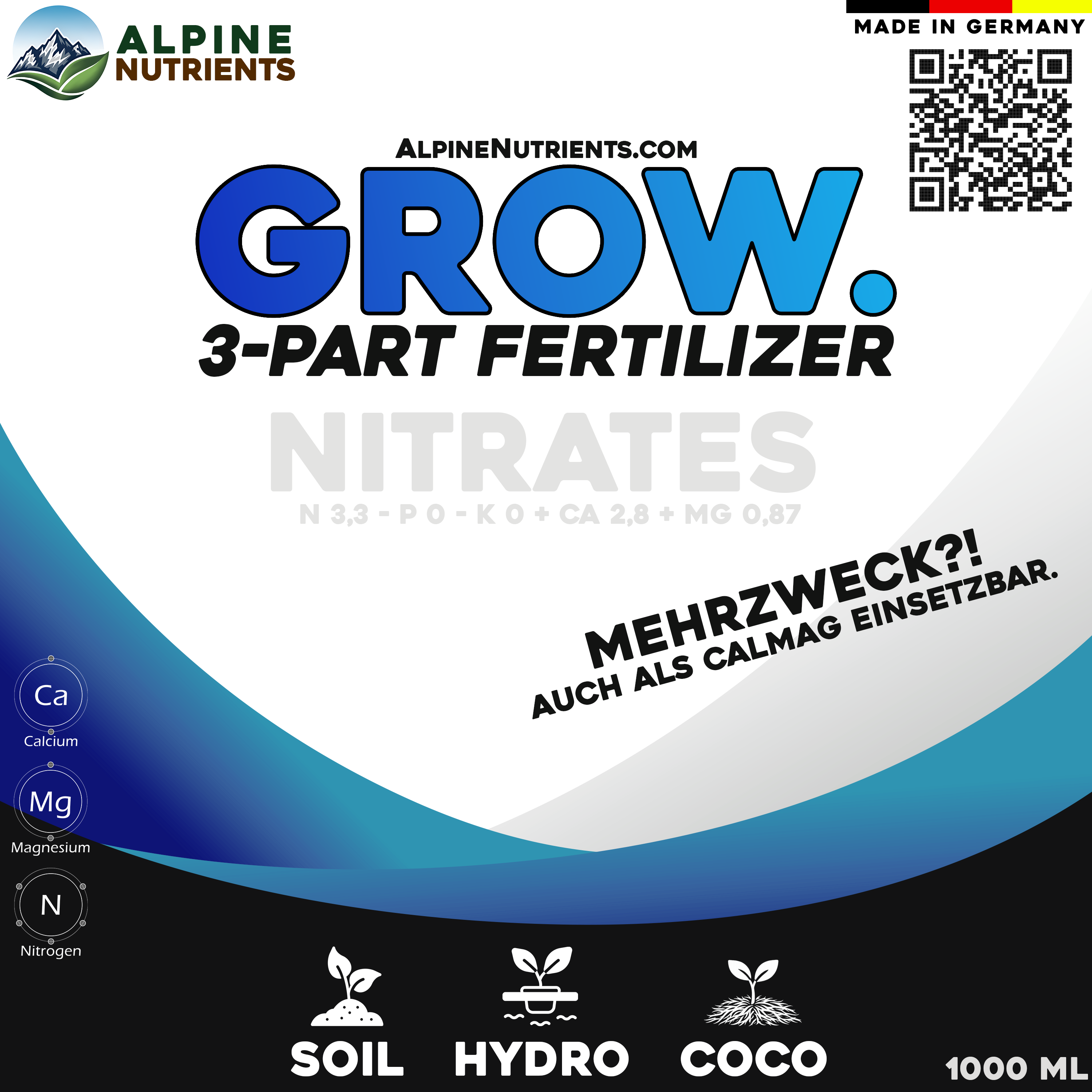 3-Part Grow Etikett – N, Ca & Mg Nährstoffangaben